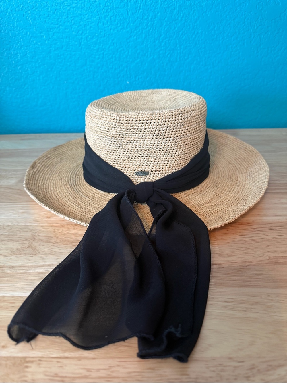 Scala Wide-Brim Straw Sun Hat with Black Scarf Accent - Picture 4 of 11